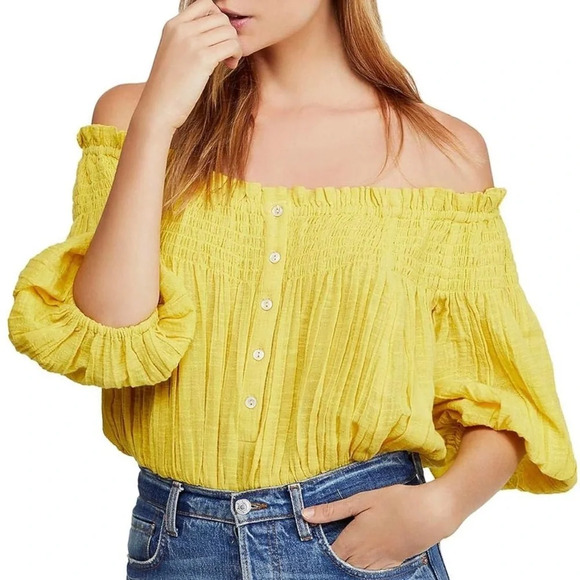 We the Free People Dancing Till Dawn Smocked Off The Shoulder crop Top yellow XS - Picture 1 of 10